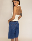 Mid rise jorts shorts
Relaxed and wide leg design
Button fly
Rigid denim does require some time to 'wear in'