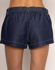 Woven denim mini shorts
Button and zipper closure
2 side pocket construction
Contrast stitching
Back elastic waistband
faux denim mini shorts
summer shorts
summer outfit