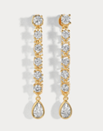 Prong-and-bezel style earrings
Available in 14kt gold plated brass or Rhodium plated brass
Stones are white CZs,  measuring 3.0–3.5mm round and 6x4mm pear
Post fastening for pierced ears
Sold as a pair
gold droop earrings
fancy earrings