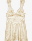 cream Satin slip mini dress with lace detailing
Crafted in a chic floral jacquard
Adorned with lace trims
Ruched underwire cups
Low drawstring back
Skinny chiffon tie bows and rosettes throughout
Unlined
Adjustable shoulder straps
Hook and eye closure at center-back
Polyester/Elastane
lingerie slip dress