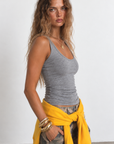 Heathered grey tank top
Sleeveless
Scoop neckline
Unlined
