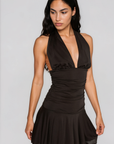 Halter neck mini dress
Ruched bodice
Open back
Adjustable neck tie
Lined
black mini halter dress
