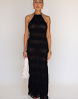 black Smocked halter maxi dress
High neckline
Adjustable neck tie
Adjustable back string
black sheer maxi dress
resort maxi dress
vacation maxi dress