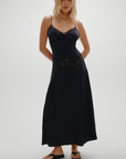 Designed with see-through lace that traces the neckline and hips
Shine satin fabrication
Sheer lace accents
Fitted cups
Adjustable shoulder straps that tie in the back
Hidden zipper closure
No bra recommended; pair with nude underwear
Polyester