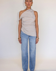 Super high rise straight leg jean
Button fly
Five pocket construction
No stretch