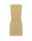 Knit mini dress
Subtle shimmer
Delicate seashell hardware
Boat neck
Slip on style
Unlined/sheer
Lurex/Viscose
gold metallic mini dress
resort wear mini dress
beach vacation outfit