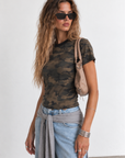 green Camo t-shirt top
Contrast crew neckline
Short sleeve
Unlined