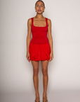 Sleeveless dress. Knit bodice. Woven bubble skirt. Elastic hem. Fully lined. red mini dress. red mini bubble dress. bubble dress. summer dress. night out dress. going out dress. date night dress
