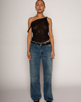 Knit mesh crop top. Twisted fixed straps. Raw edge hem. Fully lined/sheer. black sheer top. black tank top. going out top