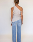 Super high rise straight leg jean
Button fly
Five pocket construction
No stretch