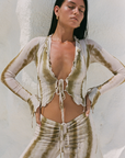 Tie front cropped long sleeve top
Ruffled trim neckline and detail around top
Adjustable tie closure
Fully lined in butter soft mesh fabric