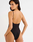 black One piece swimsuit
Scoop neck
Open back
High cut