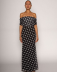 Polka dot printed knit mesh maxi dress. Off the shoulder sleeves. Raw hem. Fully lined. Polka dot off the shoulder maxi dress. summer dress. spring dress
