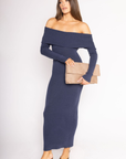 blue Knit off the shoulder maxi dress
Long Sleeve
Unlined
winter wedding guest dress