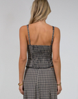 Plaid woven bustier top. Adjustable straps. Drawstring front closure. Front button down closures. Side zipper closure. Elastic smocked back panel. Fully lined. fall top. gingham top. thanksgiving outfit. friendsgiving outfit. fall outfit