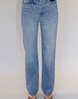 Super high rise straight leg jean
Button fly
Five pocket construction
No stretch