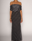 Polka dot printed knit mesh maxi dress. Off the shoulder sleeves. Raw hem. Fully lined. Polka dot off the shoulder maxi dress. summer dress. spring dress
