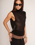 Knit high neck tank top
Open back with V cut
Unlined/Sheer
Black sheer going out top