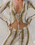 Tie front cropped long sleeve top
Ruffled trim neckline and detail around top
Adjustable tie closure
Fully lined in butter soft mesh fabric