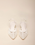 Low kicked-in stiletto heel
Closed pointed toe
Strappy detailing on vamp
Sling back ankle strap with adjustable buckle
Exposed heel counter
Heel height: 6cm
Synthetic upper
white scrappy heel
bridal heels