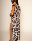 Zebra printed mesh maxi dress
Sleeveless
Side slits
Unlined/sheer
Polyester/Spandex
resort wear maxi dress
