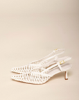 Low kicked-in stiletto heel
Closed pointed toe
Strappy detailing on vamp
Sling back ankle strap with adjustable buckle
Exposed heel counter
Heel height: 6cm
Synthetic upper
white scrappy heel
bridal heels
