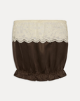 Strapless silk blouse
Gentle elastic to hold itself in place
Lace detailing
Rosette accent at center front
Silk
brown silk tube top