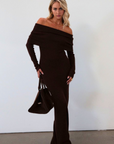 Knit maxi dress. Folded neckline. Long sleeves. Unlined. brown maxi dress. fall dress. fall outfit. off the shoulder maxi dress
