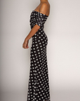 Polka dot printed knit mesh maxi dress. Off the shoulder sleeves. Raw hem. Fully lined. Polka dot off the shoulder maxi dress. summer dress. spring dress