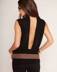 Knit high neck tank top
Open back with V cut
Unlined/Sheer
Black sheer going out top