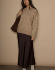 Heather crochet knit sweater. Crewneck. Long sleeves. Banded hems. Unlined. brown sweater. oversized sweater. cute fall sweater. cute winter sweater.
