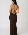 Cowl neck maxi dress
Adjustable spaghetti straps
Side zipper closure
Adjustable back tie
Open back
Lined
brown maxi wedding guest dress