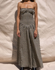 Plaid woven maxi dress. Elastic strapless neckline. Inner rubber grip lining. Elastic smocked back panel. Back hook and eye and zipper closures. Fully lined. Paid maxi dress. ranch outfit. western outfit. stagecoach dress. country concert dress. festival outfit