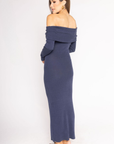 blue Knit off the shoulder maxi dress
Long Sleeve
Unlined
winter wedding guest dress