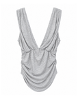 grey V neck tank top
V neckline in front and back
Ruched detailing
Unlined
Length: 21"
Rayon/Spandex