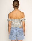 green Woven plaid top
Faux front button
Adjustable front tie
Lace bust trim detail
Smocked shoulder sleeves and back
Side zipper
Unlined
summer top
spring top