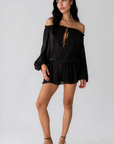 black Off the shoulder mini dress
Elastic neckline
Lace trim
Front adjustable tie
Lined