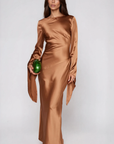 Brown bronze Satin maxi dress
Asymmetrical long sleeve hem
Open back
Side zipper closure
brown Wedding guest dress