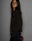 Fuzzy knit cardigan. Crewneck. Front button down closures. Long sleeves. Unlined. brown cardigan. fall outfit. fall cardigan. layering piece. layering cardigan