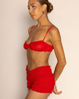 red smocked bralette
red smocked mini shorts
red mini short set
festival outfit
fourth of july outfit