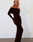 Knit maxi dress. Folded neckline. Long sleeves. Unlined. brown maxi dress. fall dress. fall outfit. off the shoulder maxi dress