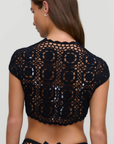 black Sweet crochet bolero
Front bow tie detail
Custom floral crochet
Crochet trim
Cropped
Short sleeve
Unlined
Cotton
Exclusively from the Devon Lee Carlson x Frankies Bikinis collection: Sunshine Girls