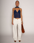 blue Polka dot halter top
V cut neckline
Neck scarf
Open back
Adjustable back tie strap
Partially lined
going out top