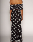 Polka dot printed knit mesh maxi dress. Off the shoulder sleeves. Raw hem. Fully lined. Polka dot off the shoulder maxi dress. summer dress. spring dress