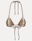 Zebra printed satin bikini top
Halter support
Skimpy triangle coverage
Ties at the neck and back
Nylon/Spandex
