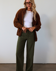 Woven utility pants. Button fly. Four pocket construction. Unlined. green pants. fall outfit.