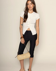 white Knit button down short sleeve top
Button down closure
Open bottom hem line
Unlined
going out top
bridal outfit