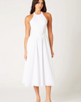 Woven midi dress
Adjustable halter neckline
Boning in bodice
Side pockets
Elastic back neckline
Back hook and eye and zipper closures
Fully lined
white midi dress
bridal dress
bridal shower dress