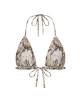 Camo printed triangle top
Adjustable neck and back ties
Removable Bow In Center Front