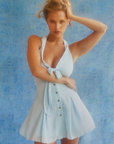 blue Chiffon halter mini dress
Tie at bust
Halter neckline with adjustable buttons
Button down closure
Lapel transforms into a tie detail at the bust
Side zipper closure
Polyester
babydoll dress
